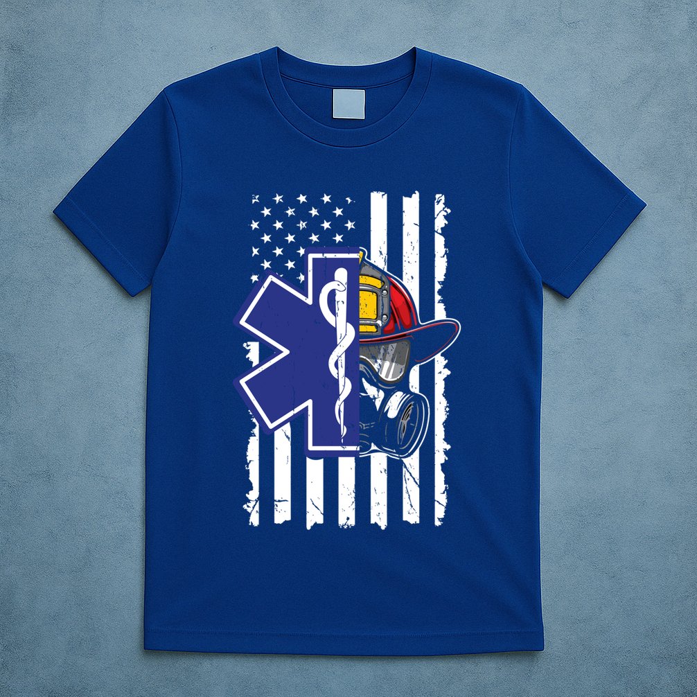 Firefighter Ems Cross Usa Flag Distressed Heros Novelty Cool Gift T-Shirt