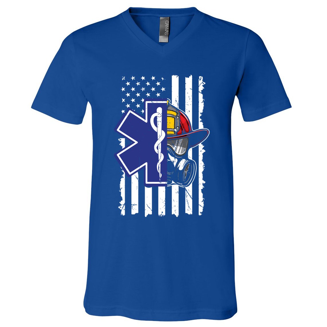 Firefighter Ems Cross Usa Flag Distressed Heros Novelty Cool Gift V-Neck T-Shirt