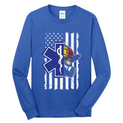 Firefighter Ems Cross Usa Flag Distressed Heros Novelty Cool Gift Tall Long Sleeve T-Shirt