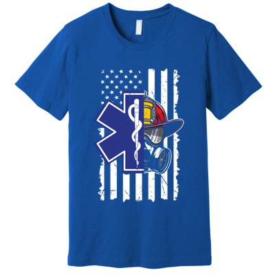 Firefighter Ems Cross Usa Flag Distressed Heros Novelty Cool Gift Premium T-Shirt