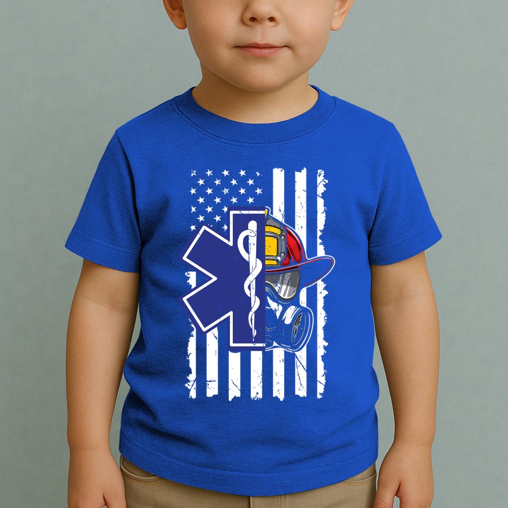 Firefighter Ems Cross Usa Flag Distressed Heros Novelty Cool Gift Toddler T-Shirt