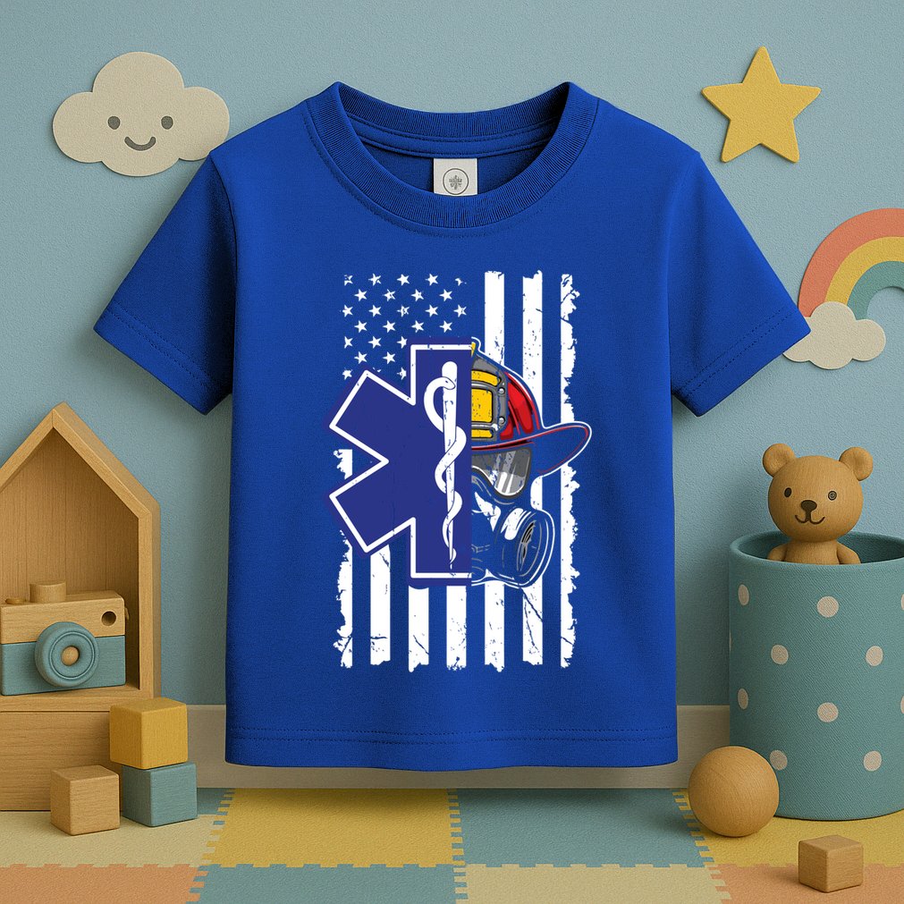 Firefighter Ems Cross Usa Flag Distressed Heros Novelty Cool Gift Toddler T-Shirt