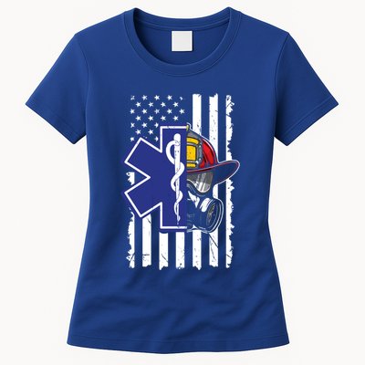 Firefighter Ems Cross Usa Flag Distressed Heros Novelty Cool Gift Womens T-Shirt
