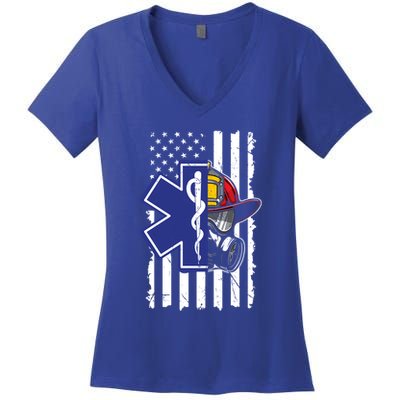 Firefighter Ems Cross Usa Flag Distressed Heros Novelty Cool Gift Women's V-Neck T-Shirt