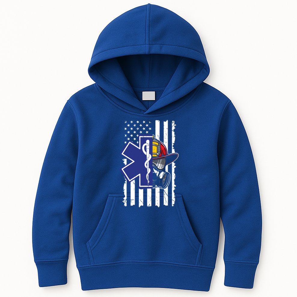 Firefighter Ems Cross Usa Flag Distressed Heros Novelty Cool Gift Kids Hoodie