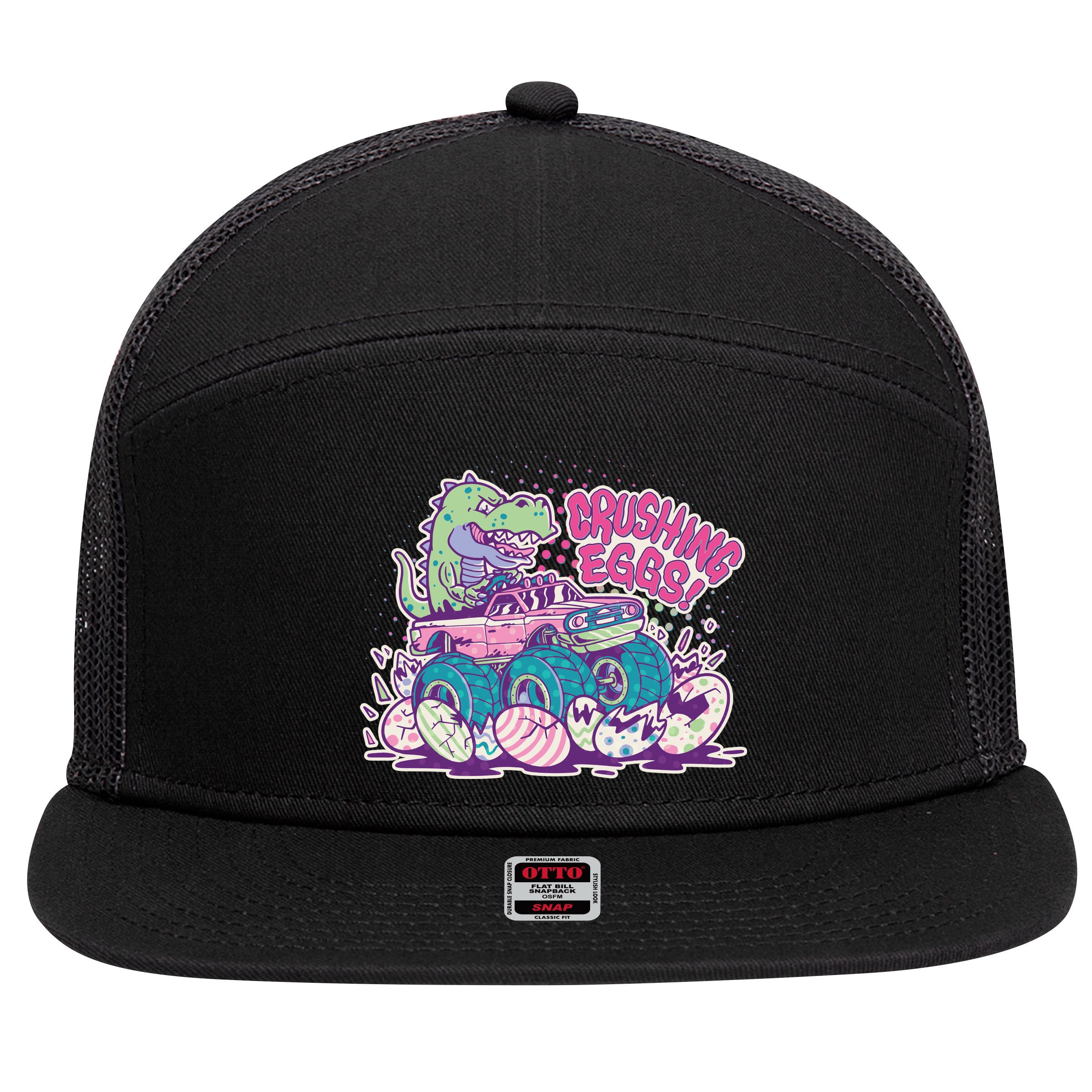 Funny Easter Crushing Eggs TRex Dinosaur Monster Truck 7 Panel Mesh Trucker Snapback Hat