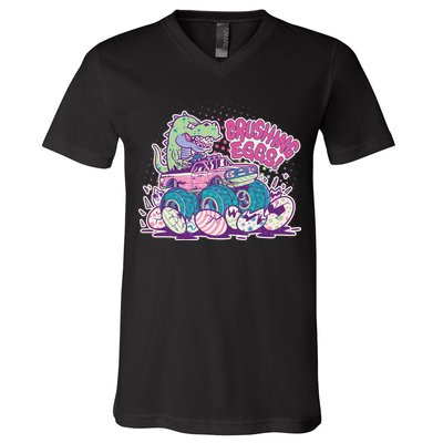 Funny Easter Crushing Eggs TRex Dinosaur Monster Truck V-Neck T-Shirt