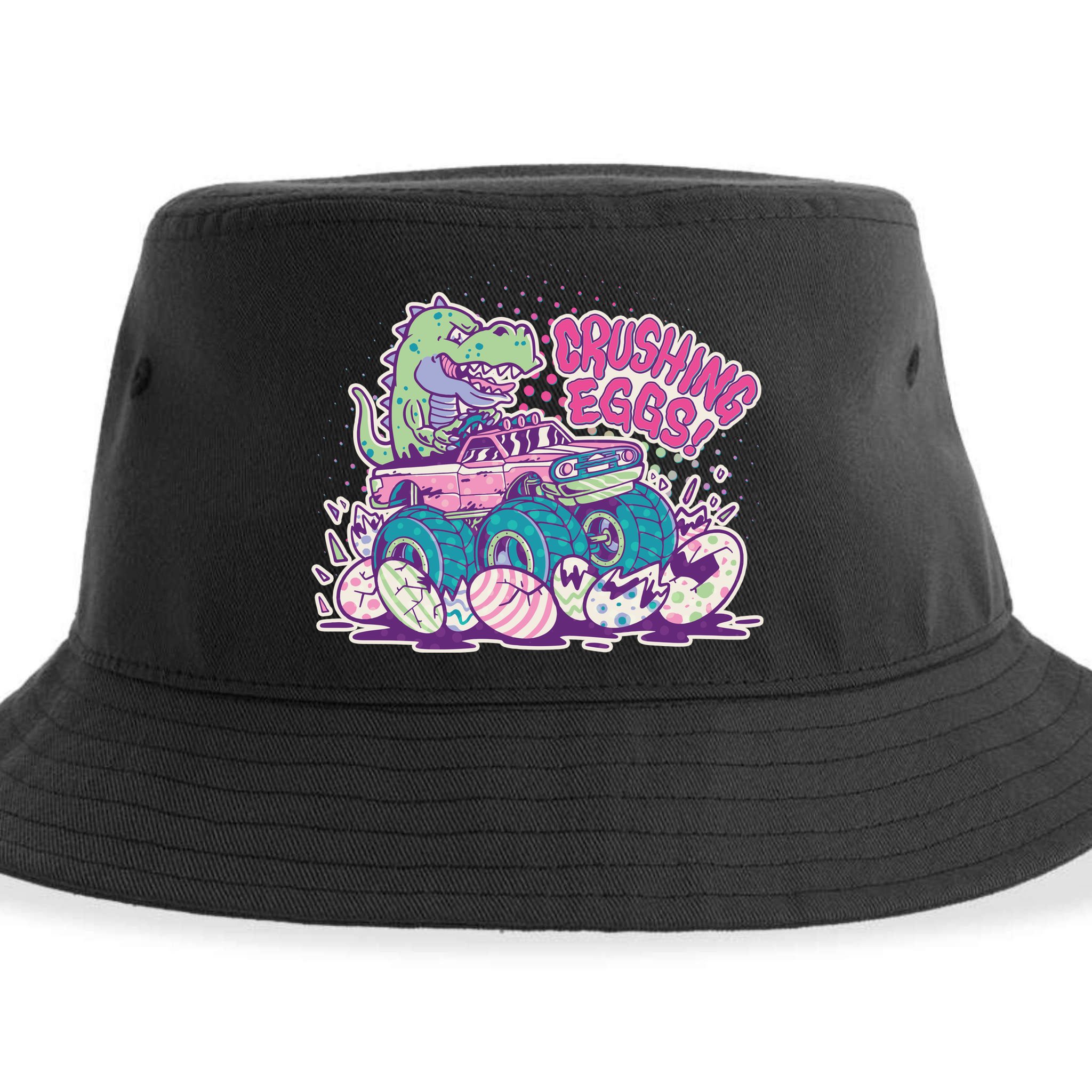 Funny Easter Crushing Eggs TRex Dinosaur Monster Truck Sustainable Bucket Hat