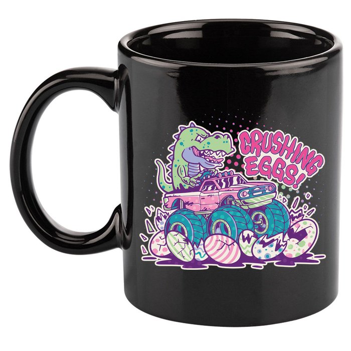 Funny Easter Crushing Eggs TRex Dinosaur Monster Truck 11oz C Handle Ceramic Mug