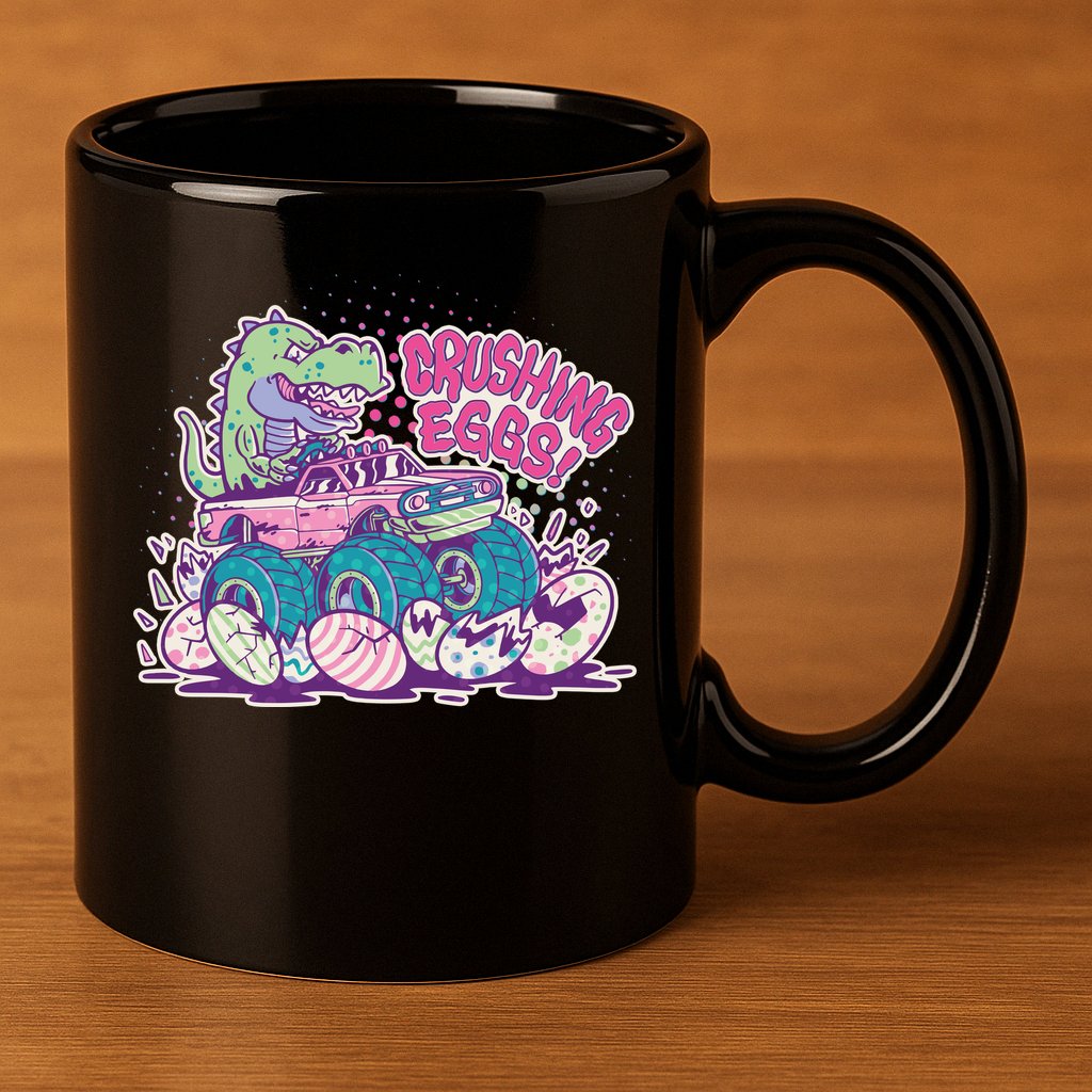 Funny Easter Crushing Eggs TRex Dinosaur Monster Truck 11oz C Handle Ceramic Mug