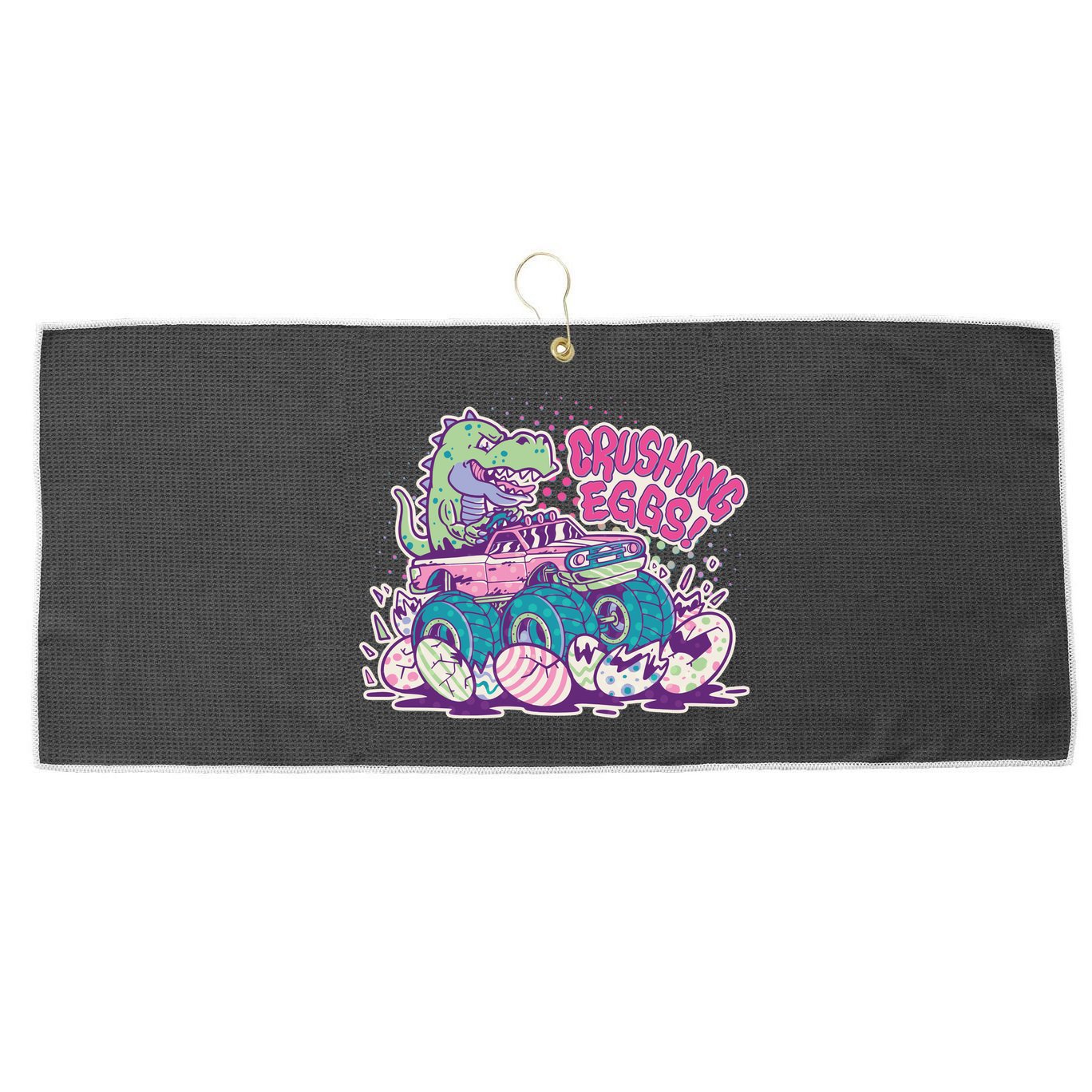 Funny Easter Crushing Eggs TRex Dinosaur Monster Truck Large Microfiber Waffle Golf Towel
