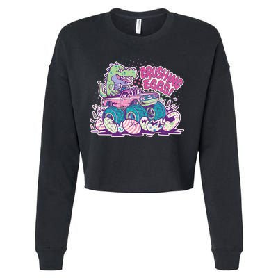 Funny Easter Crushing Eggs TRex Dinosaur Monster Truck Cropped Pullover Crew