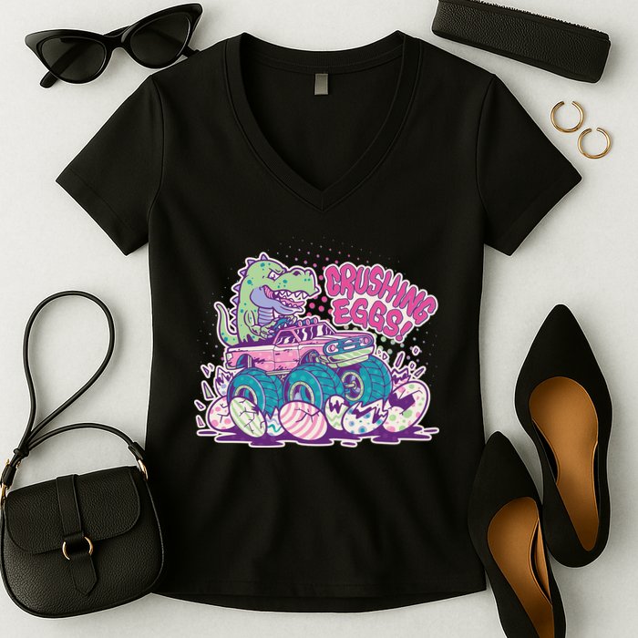 Funny Easter Crushing Eggs TRex Dinosaur Monster Truck Women's V-Neck T-Shirt