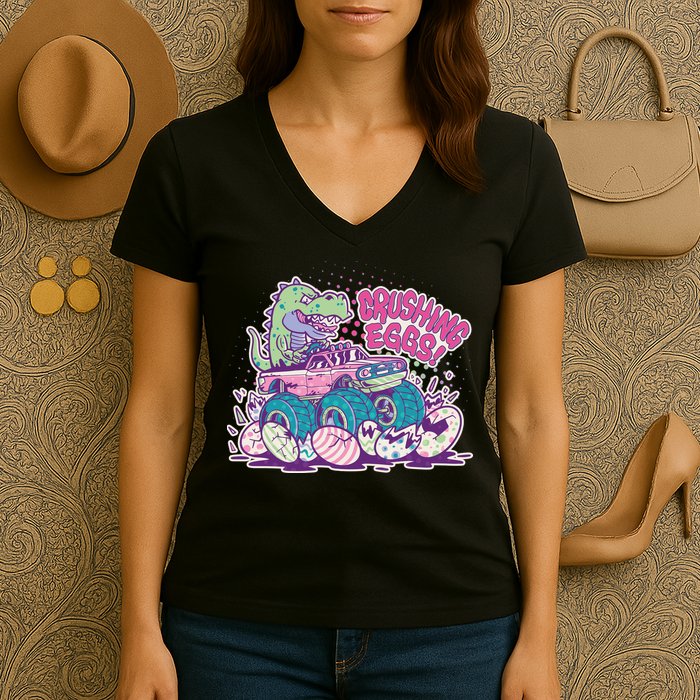 Funny Easter Crushing Eggs TRex Dinosaur Monster Truck Women's V-Neck T-Shirt