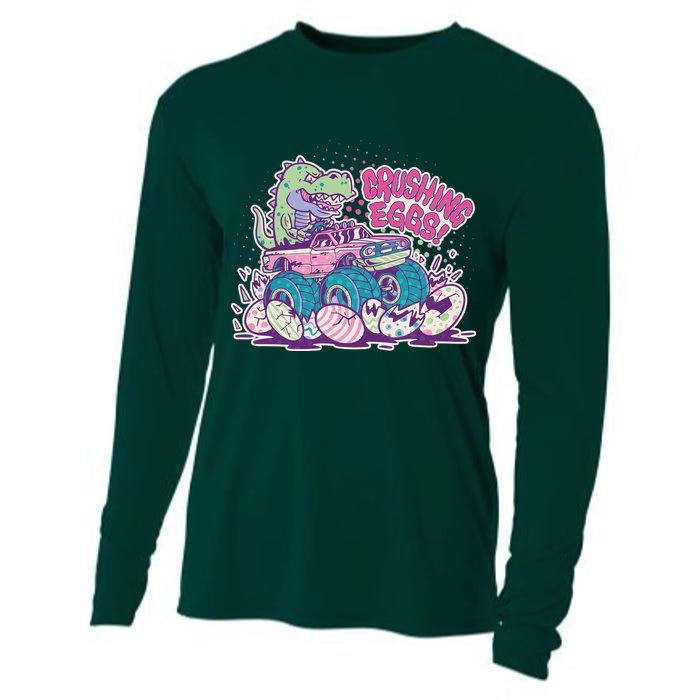 Funny Easter Crushing Eggs TRex Dinosaur Monster Truck Cooling Performance Long Sleeve Crew