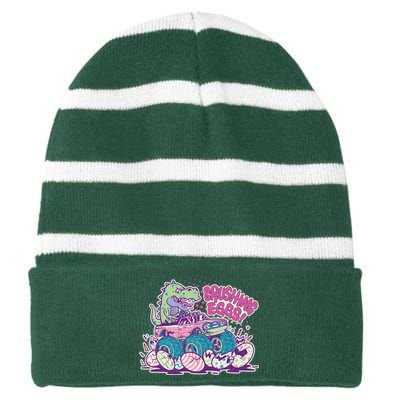 Funny Easter Crushing Eggs TRex Dinosaur Monster Truck Striped Beanie with Solid Band