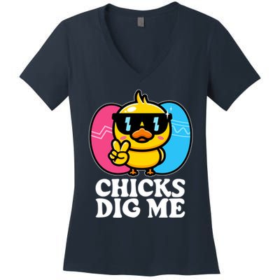Funny Easter Chicks Dig Me Women's V-Neck T-Shirt