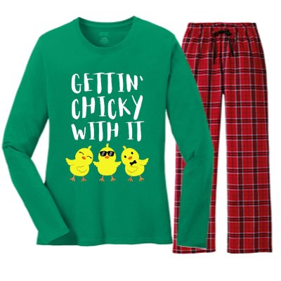 Funny Easter Chick Gettin Chicky With It Men Women Women's Long Sleeve Flannel Pajama Set 