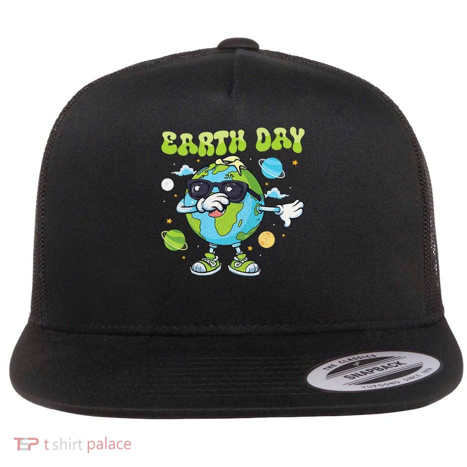 Funny Earth Day Cartoon Planet Dabbing Flat Bill Trucker Hat