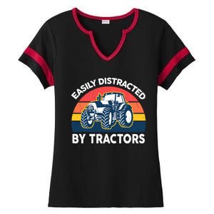 Funny Easily Distracted By Tractorsshirt Farmer Farming Ladies Halftime Notch Neck Tee