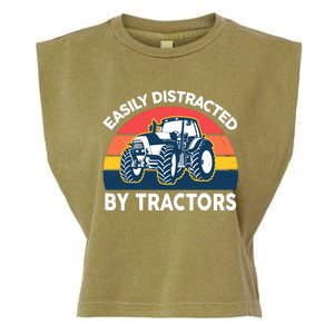 Funny Easily Distracted By Tractorsshirt Farmer Farming Garment-Dyed Women's Muscle Tee