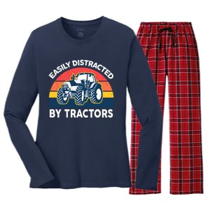 Funny Easily Distracted By Tractorsshirt Farmer Farming Women's Long Sleeve Flannel Pajama Set 