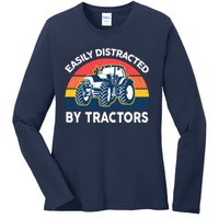 Funny Easily Distracted By Tractorsshirt Farmer Farming Ladies Long Sleeve Shirt