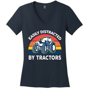 Funny Easily Distracted By Tractorsshirt Farmer Farming Women's V-Neck T-Shirt