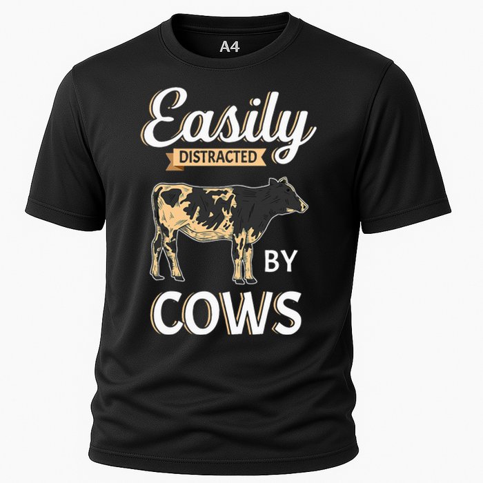 Funny Easily Distracted By Cows Cattle Farmer Cooling Performance Crew T-Shirt