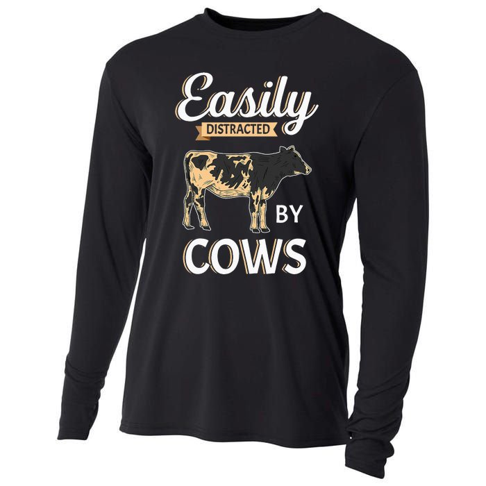 Funny Easily Distracted By Cows Cattle Farmer Cooling Performance Long Sleeve Crew