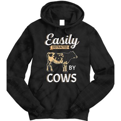 Funny Easily Distracted By Cows Cattle Farmer Tie Dye Hoodie