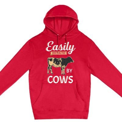 Funny Easily Distracted By Cows Cattle Farmer Premium Pullover Hoodie