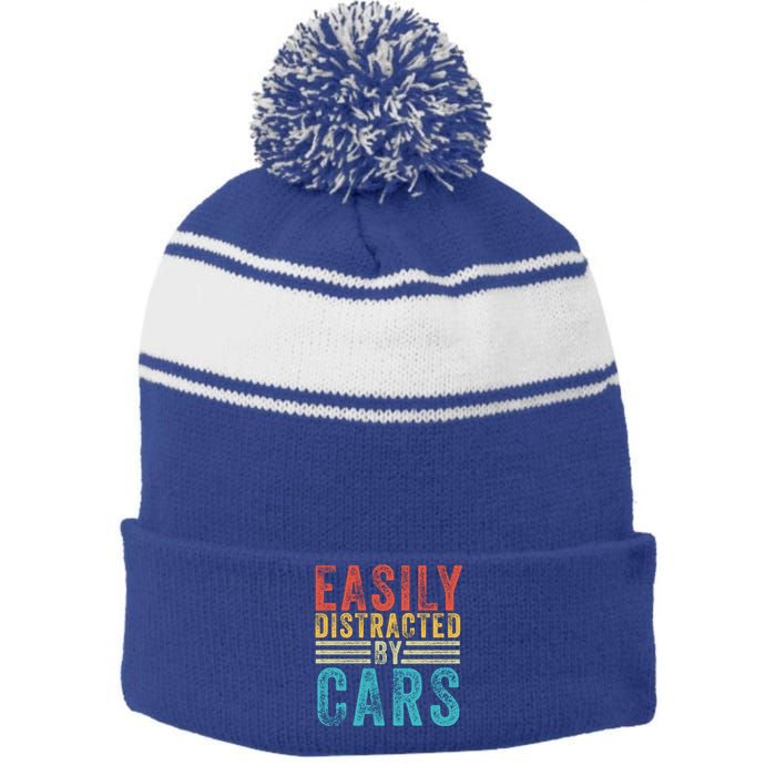 Funny Easily Distracted By Cars Auto Mechanic Racing Car Funny Gift Stripe Pom Pom Beanie