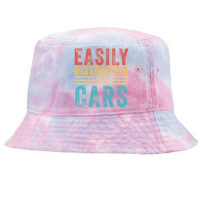 Funny Easily Distracted By Cars Auto Mechanic Racing Car Funny Gift Tie-Dyed Bucket Hat