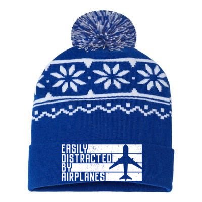 Funny Easily Distracted By Airplanes Aviation Pilot Plane Funny Gift USA-Made Snowflake Beanie