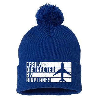 Funny Easily Distracted By Airplanes Aviation Pilot Plane Funny Gift Pom Pom 12in Knit Beanie