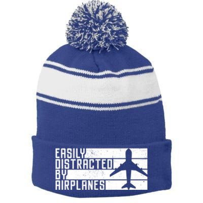 Funny Easily Distracted By Airplanes Aviation Pilot Plane Funny Gift Stripe Pom Pom Beanie