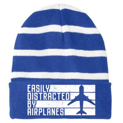 Funny Easily Distracted By Airplanes Aviation Pilot Plane Funny Gift Striped Beanie with Solid Band