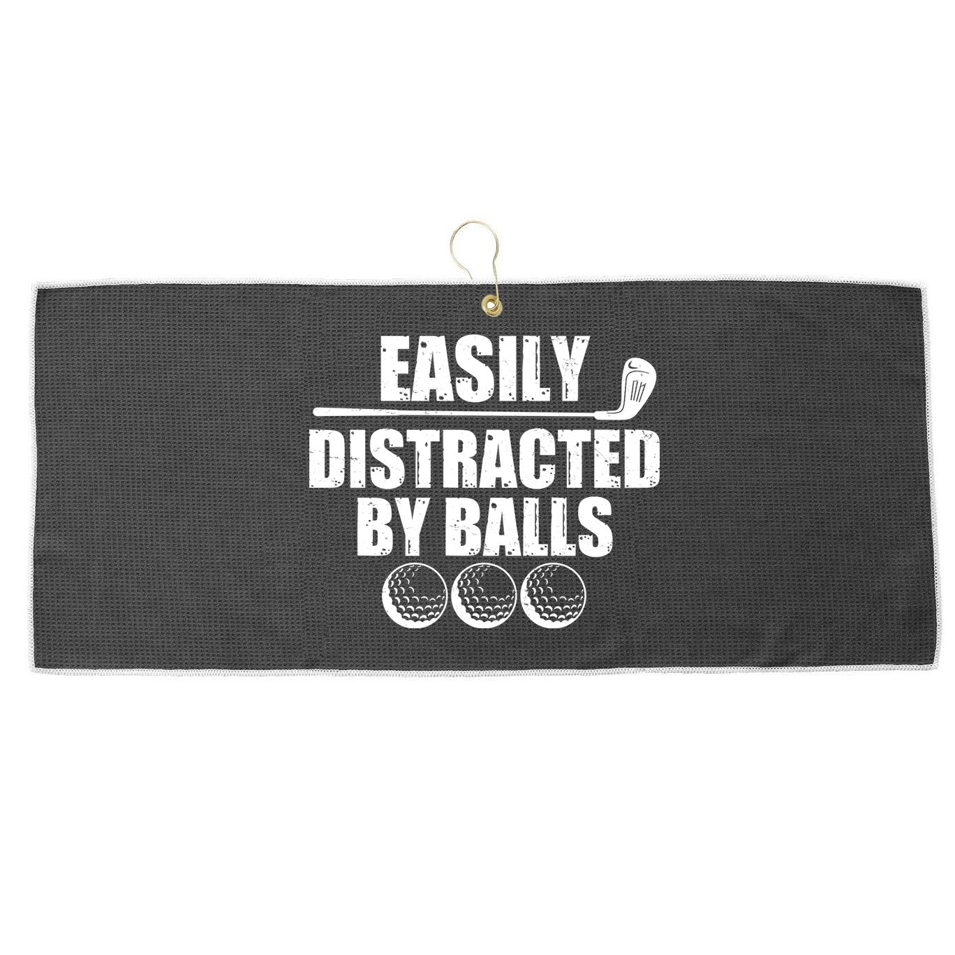 Funny Easily Distracted By Balls Golfing Fan Large Microfiber Waffle Golf Towel