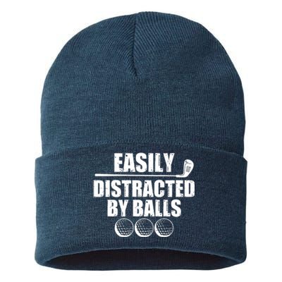 Funny Easily Distracted By Balls Golfing Fan Sustainable Knit Beanie