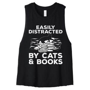 Funny Easily Distracted By Cats And Books Art Women's Racerback Cropped Tank