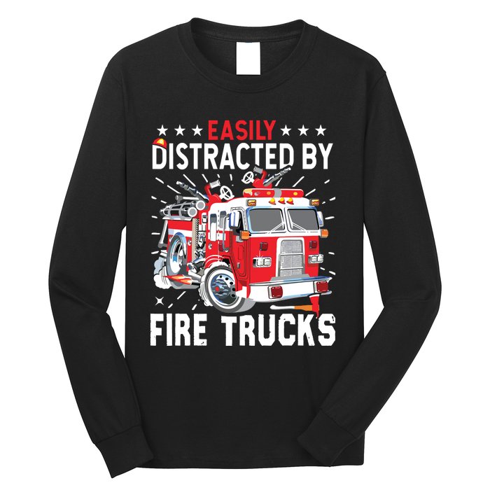 Firefighters Easily Distracted By Fire Trucks Men Boy Kids Long Sleeve Shirt