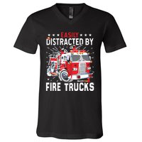 Firefighters Easily Distracted By Fire Trucks Men Boy Kids V-Neck T-Shirt