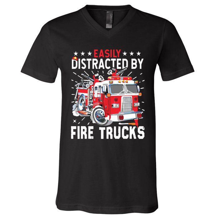 Firefighters Easily Distracted By Fire Trucks Men Boy Kids V-Neck T-Shirt