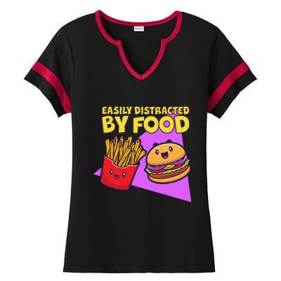 Funny Easily DIstracted By Food Cute Burger and Fries Ladies Halftime Notch Neck Tee