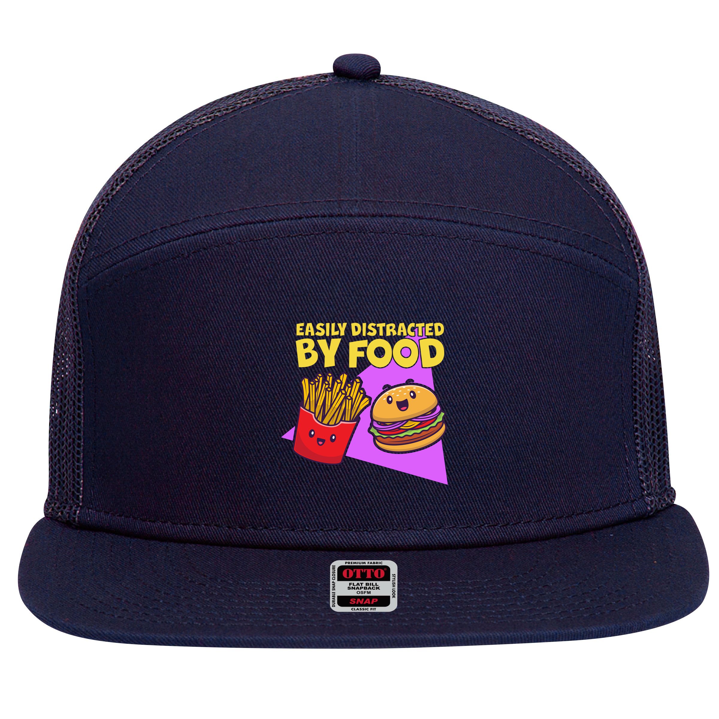 Funny Easily DIstracted By Food Cute Burger and Fries 7 Panel Mesh Trucker Snapback Hat
