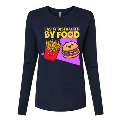 Funny Easily DIstracted By Food Cute Burger and Fries Womens Cotton Relaxed Long Sleeve T-Shirt