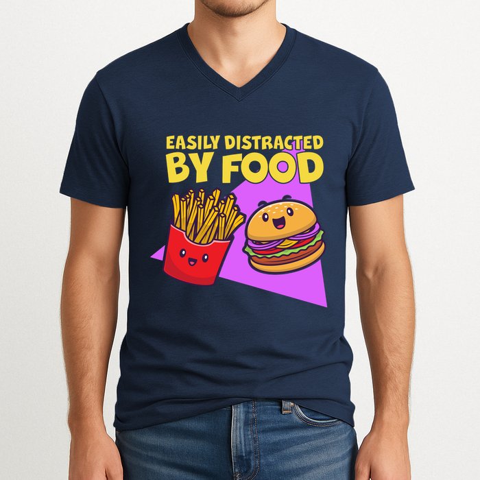 Funny Easily DIstracted By Food Cute Burger and Fries V-Neck T-Shirt