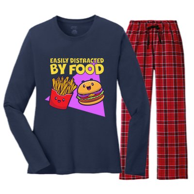 Funny Easily DIstracted By Food Cute Burger and Fries Women's Long Sleeve Flannel Pajama Set 