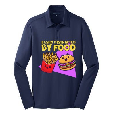 Funny Easily DIstracted By Food Cute Burger and Fries Silk Touch Performance Long Sleeve Polo